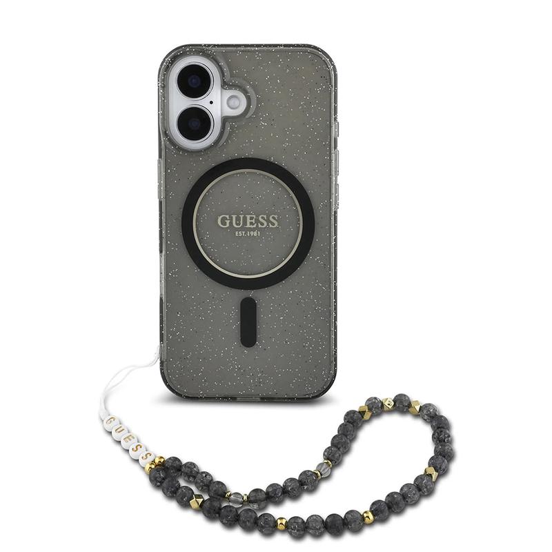 Funda MagSafe para Apple iPhone 16, Guess, IML Glitter con Correa de Perla, Negra
