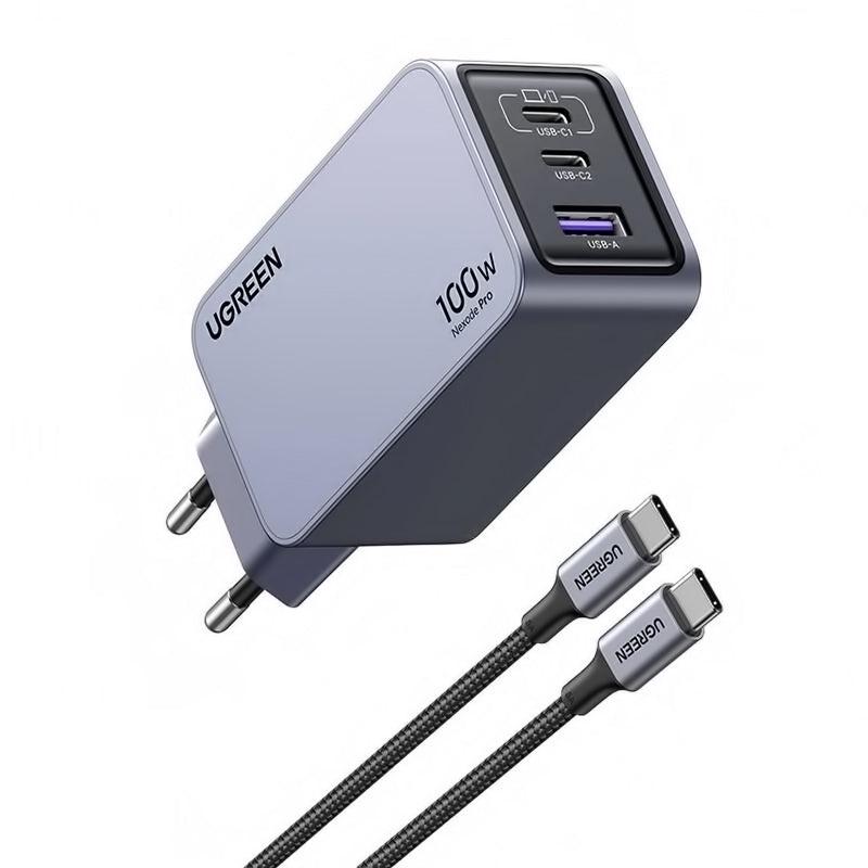 UGREEN X757 Nexode Pro USB-C Cable Cargador de red, 100W, 3A, 1 x USB-A - 2 x USB-C, Gris