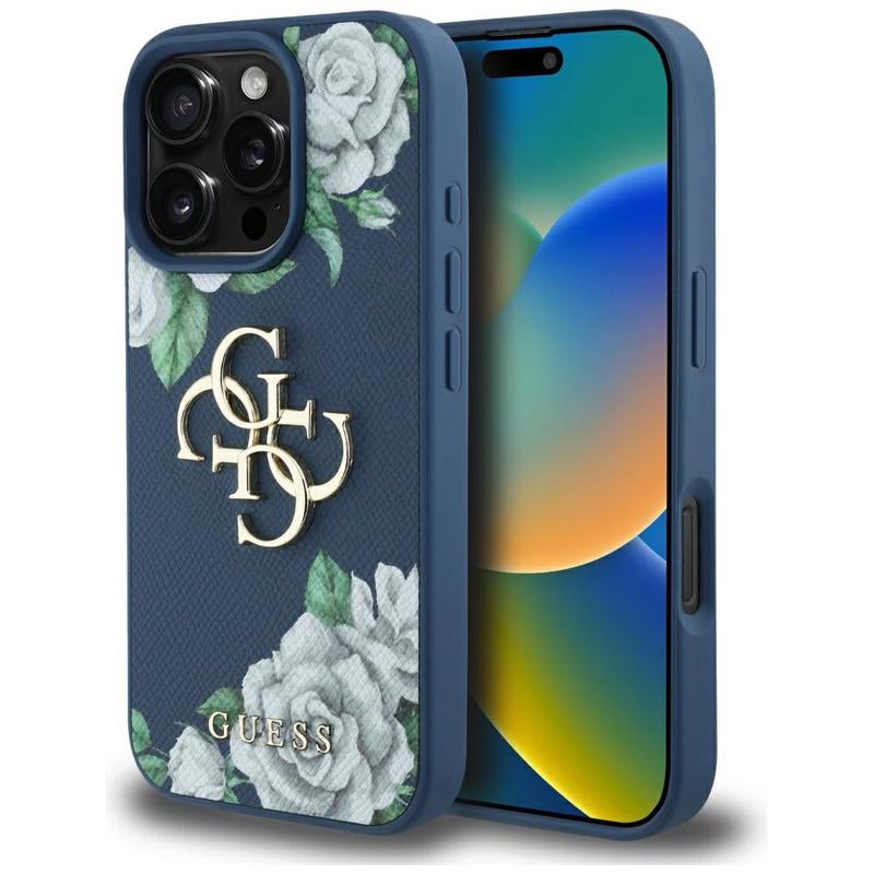 Funda para Apple iPhone 16 Pro Max, Guess, 4G Grained Roses Big Logo, Azul