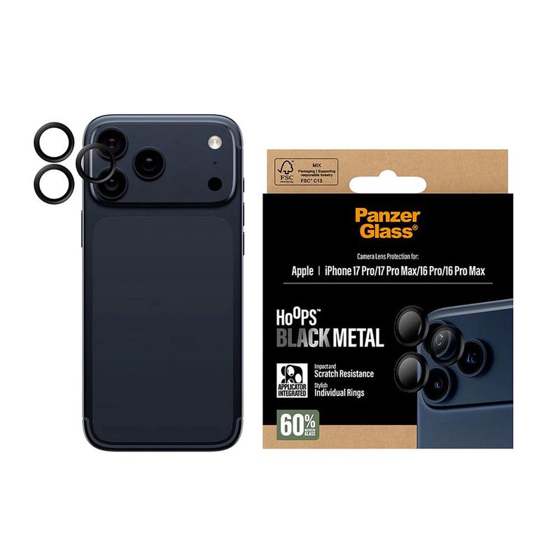 Protector de cmara trasera PanzerGlass Hoops para Apple iPhone 17 Pro Max / 17 Pro / 16 Pro Max / 16 Pro, Cristal Templado, Negro.