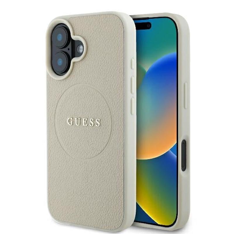 Funda MagSafe para Apple iPhone 16, Guess, Grained Gold Ring, Beige