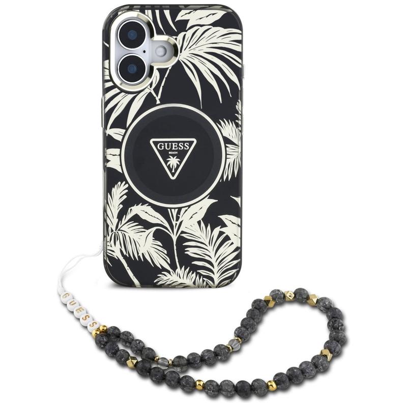 Funda MagSafe para Apple iPhone 16, Guess, IML Palm Trees Triangle con Correa de Perla, Negra