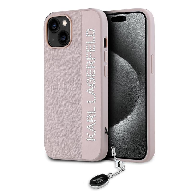 Funda para Apple iPhone 15, Karl Lagerfeld, Saffiano Rhinestones & Charm, Rosa